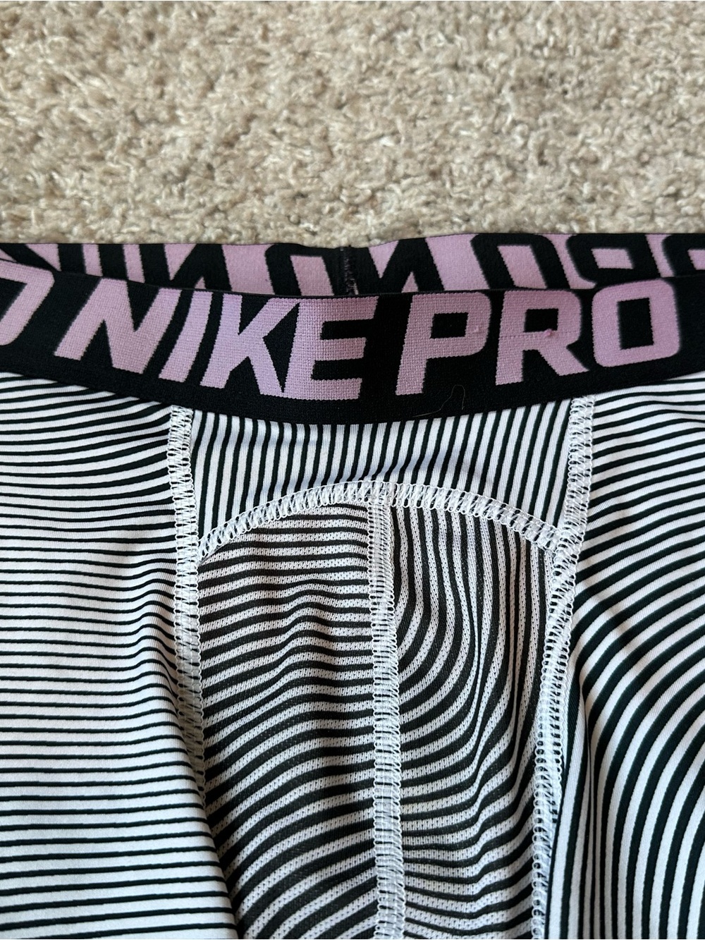 Nike Black & White Striped Compression Shorts with Pink Logo Waistband - Picture 2 of 4